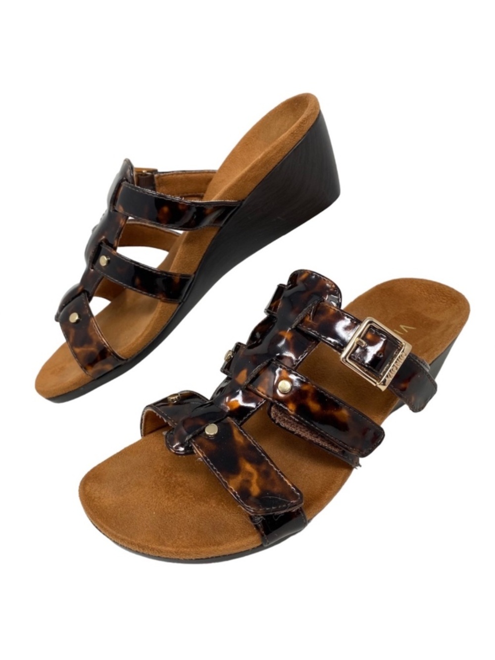 Vionic Radia Tortoise Wedge Cage Sandals Adjustable Straps Sz 6 Black Brown NEW
